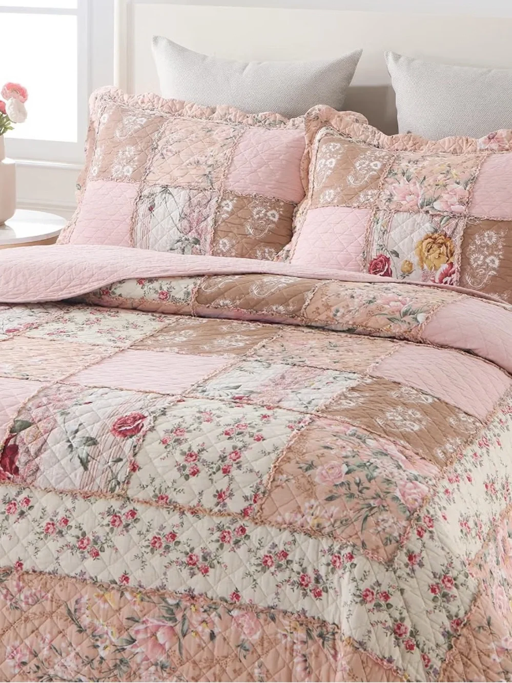 Queen Size Patchwork Pink Floral Quilt Set Vintage Shabby Chic Botanic